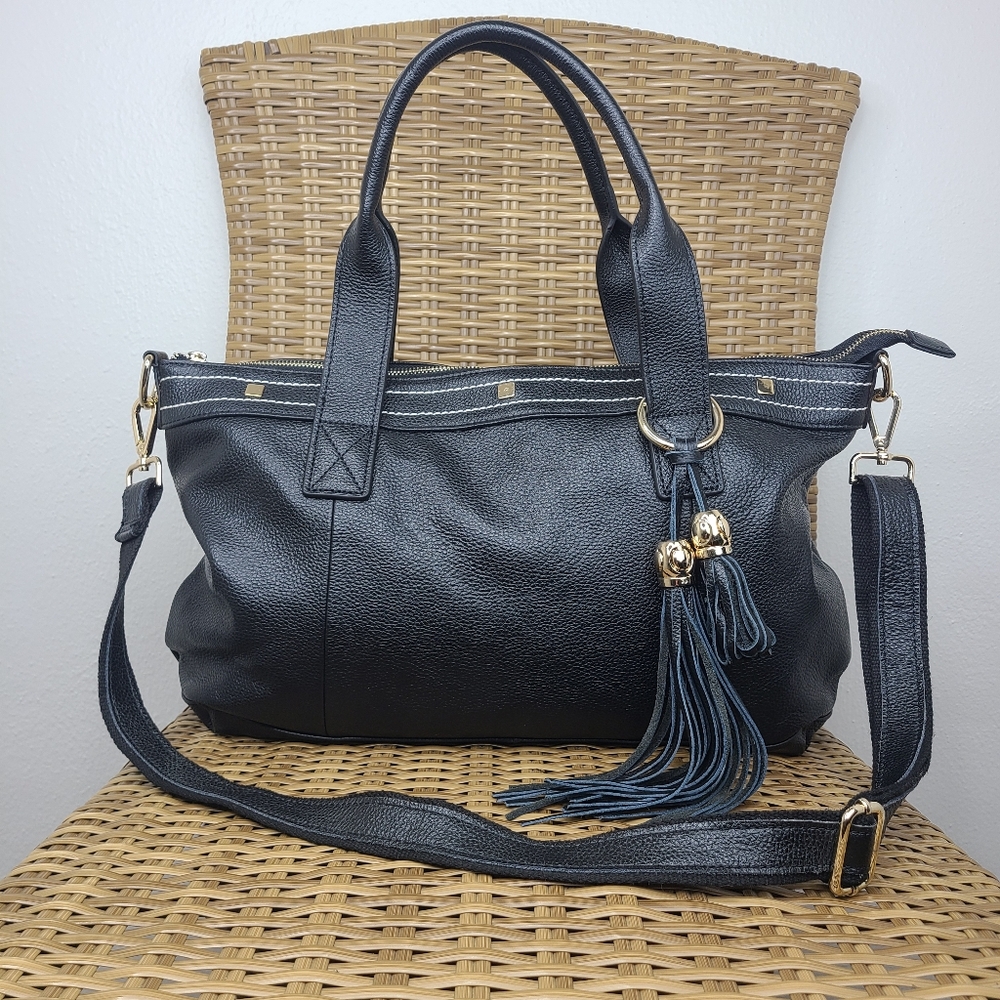 Cuore & Pelle Amelia Shoulder Bag Satchel Tote Leather Black Gold Hardware Large